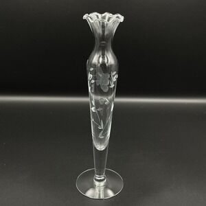 Princess House Heritage 10" Crystal Bud Vase Etched Floral Ruffled Rim Vintage